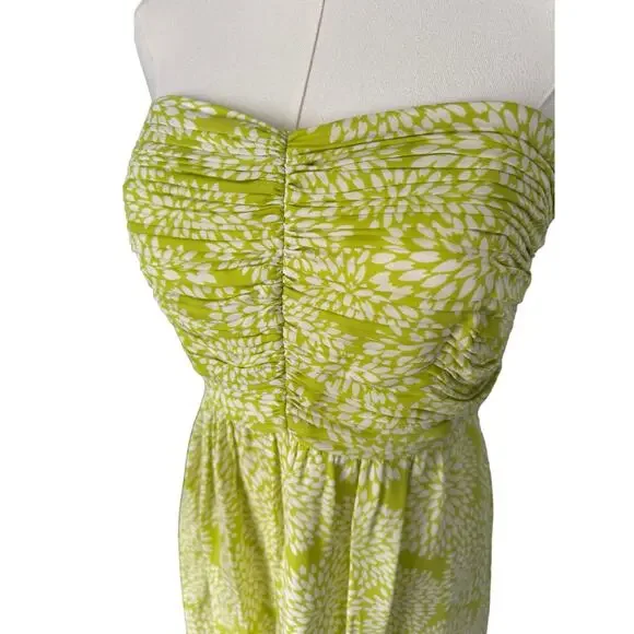 Shoshanna 100% Silk Dress Short Floral Boho Strapless Flowy Lime Neon Green Sz 6 - Picture 4 of 14